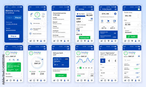Set of UI, UX, GUI screens Banking app flat design template for mobile apps, responsive website wireframes. Web design UI kit. Banking Dashboard.