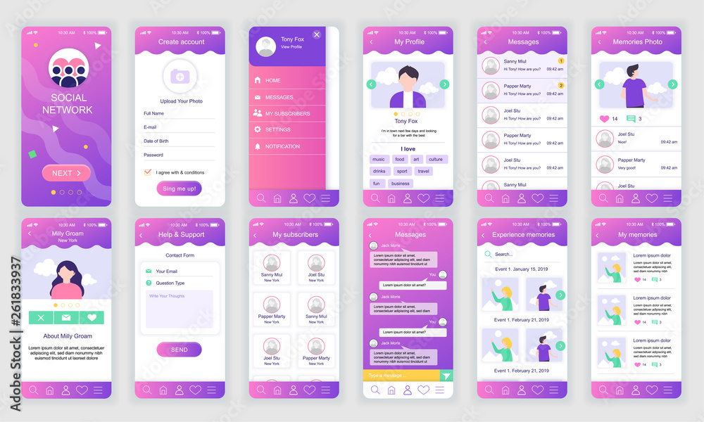 Set of UI, UX, GUI screens Social Network app flat design template for mobile apps, responsive website wireframes. Web design UI kit. Social Network Dashboard.