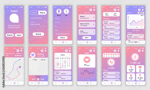 Set of UI, UX, GUI screens Fitness app flat design template for mobile apps, responsive website wireframes. Web design UI kit. Fitness Dashboard.
