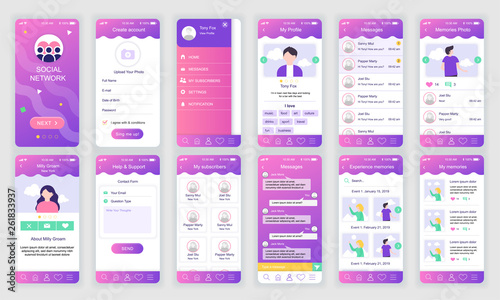 Set of UI, UX, GUI screens Social Network app flat design template for mobile apps, responsive website wireframes. Web design UI kit. Social Network Dashboard.