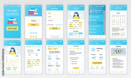 Set of UI, UX, GUI screens Education app flat design template for mobile apps, responsive website wireframes. Web design UI kit. Education Dashboard.