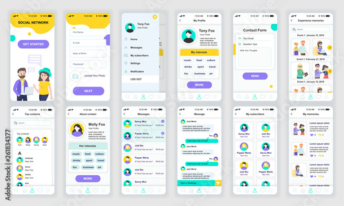 Set of UI, UX, GUI screens Social Network app flat design template for mobile apps, responsive website wireframes. Web design UI kit. Social Network Dashboard.