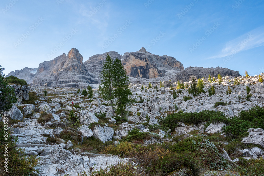 Tourist path with beautiful dolomite landscape in the background, Dolomites, Italy