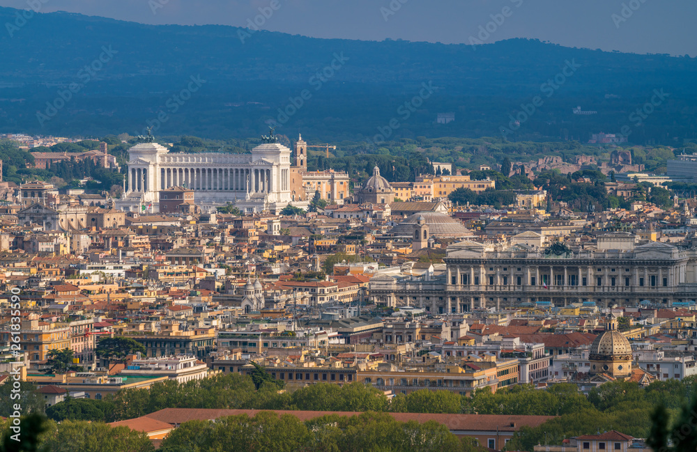 Panoramic view from the Zodiaco Terrace in Rome with the Vittoriano (Altar of the Fatherland). Rome, italy.