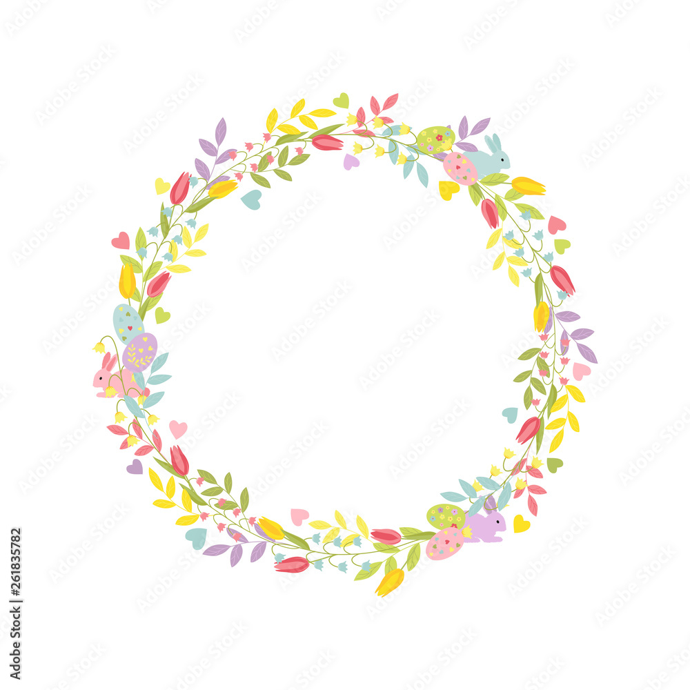 Easter Wreath with cute rabbits, twigs, hearts, lilies of the valley, tulips. Color isolated vector on white background.