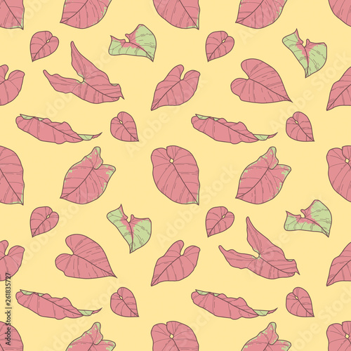 Seamles pattern with exotic Syngonium Pink Neon Robusta plant leaves on light yellow background