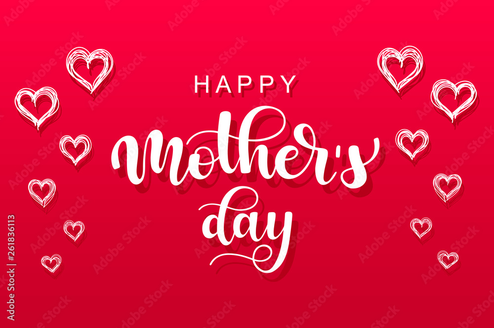 Hand sketched Happy Mothers Day  typography lettering poster. Celebration quote on pink background for postcard, icon, logo, badge. Modern vector calligraphy text with hearts for shirt, cup, bag.