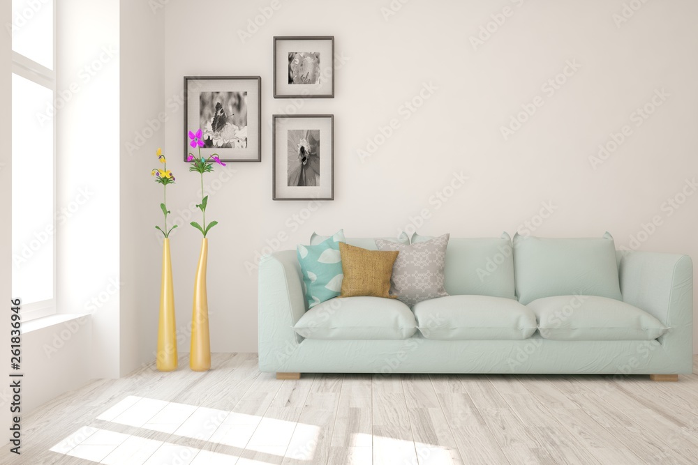 Stylish room in white color with sofa. Scandinavian interior design. 3D illustration Stylish room in white color with sofa. Scandinavian interior design. 3D illustration