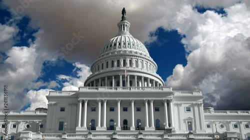 US Capitol building with time lapse storm clouds in Washington DC.