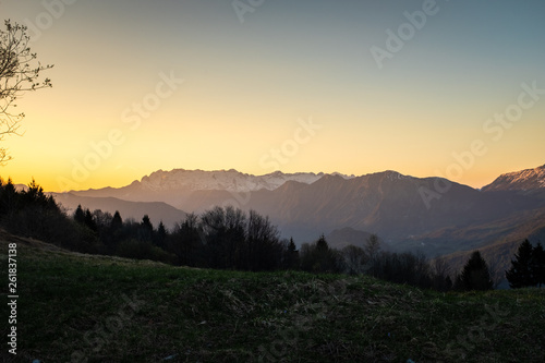 Sunset over Soca valley and mountain Kanin in Julian Alps