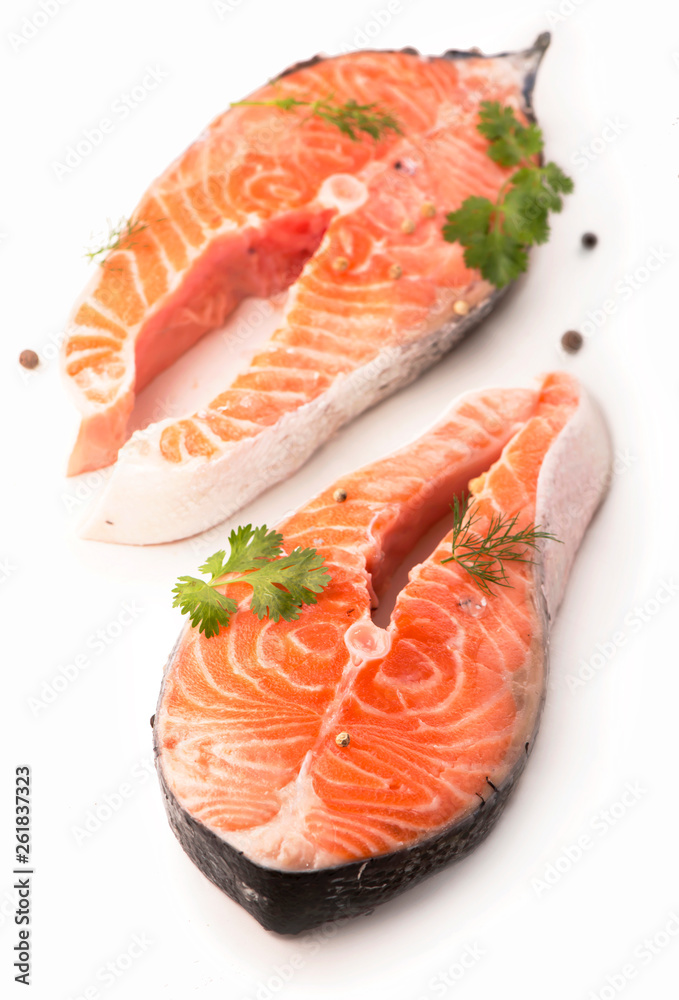 salmon steak close-up isolated on white background salmon steak close-up isolated on white background