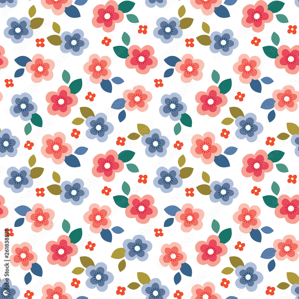 Cute seamless vector floral mini print in coral, blush, blue and red on  white background. Colorful summer pattern design for home decor and fashion  textiles, gift wrapping paper and birthdays. Stock Vector