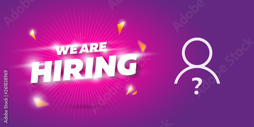 Hiring badge banner template. Join us sticker for company seeking worker. Colorful modern 3d gravity words desing poster. Realistic bright background glowing concept mockup. Vector illustration icon.
