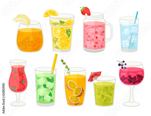 Collection of fresh cocktails on white background.