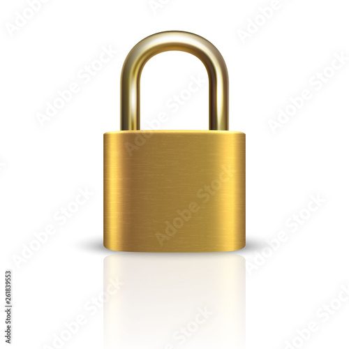Vector 3d Realistic ClosedMetal Golden Padlock Icon Closeup Isolated on White Background. Design Template of Gold Lock for Protection Privacy, Web and Mobile Apps, Logo