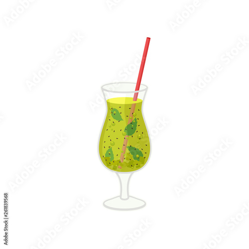 Tropical cocktail with straw on white background.