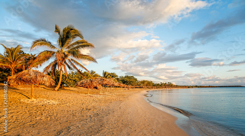 Rancho Luna sandy beach with palms and straw umrellas on the shore, Cienfuegos, Cuba © vadim.nefedov