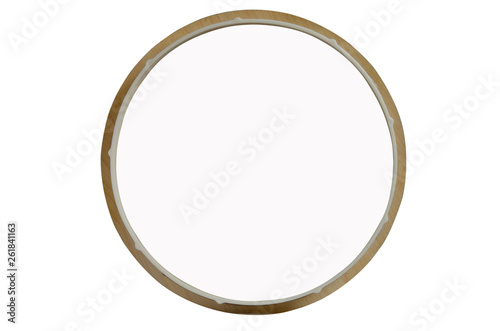 Round white canvas in wooden frame. Isolated object on white background. Place for labels.