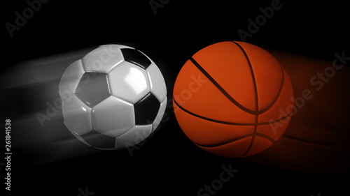 Soccer and basketball balls on black background. 3D illustration  football standoff basketball.