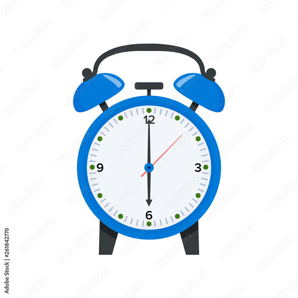 Blue alarm clock displaying six o clock in flat style illustration. Wake up symbol. Vector 6 o clock icon Blue alarm clock displaying six o clock in flat style illustration. Wake up symbol. Vector 6 o clock icon