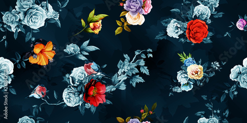 Wide seamless background floral pattern. Rose, peony, pomegranate buds with bullfinch with leaves and branch on dark blue. Hand drawn, vector - stock. 