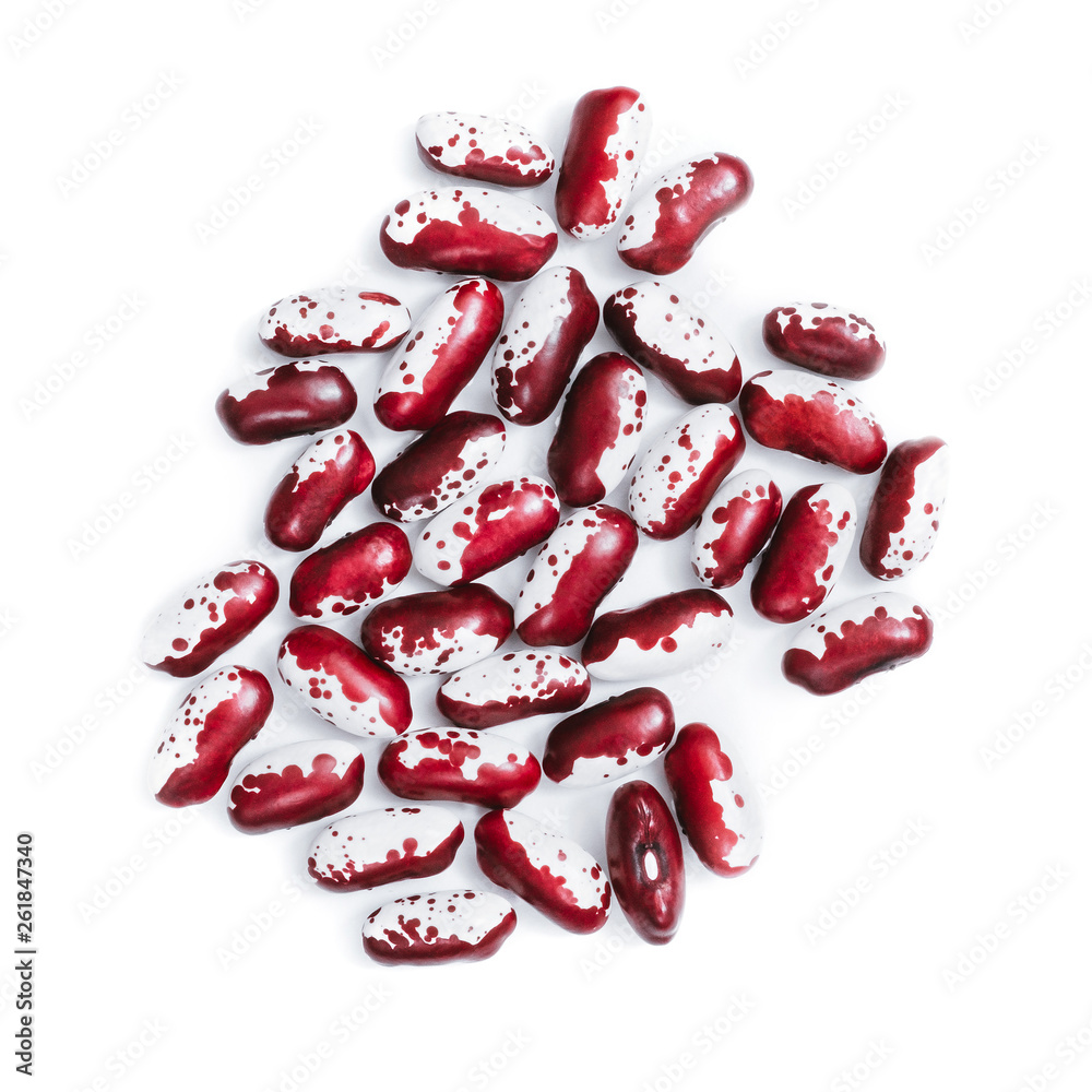 Pile of ripe speckled kidney Anasazi beans, with vivid burgundy color isolated on white background. Close-up. Pile of ripe speckled kidney Anasazi beans, with vivid burgundy color isolated on white background. Close-up.