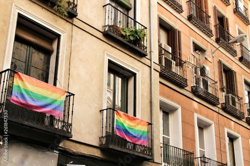 Facade with gay pride flag in Madrid photo