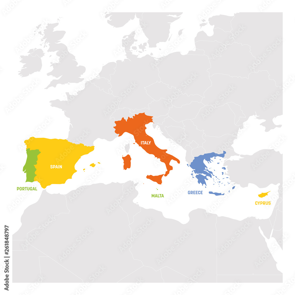 South Europe Region. Map of countries in southern Europe around Mediterranean Sea. Vector illustration