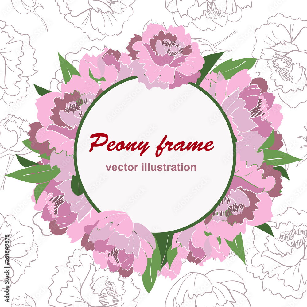 Pink peony round frame on peony outlined background.