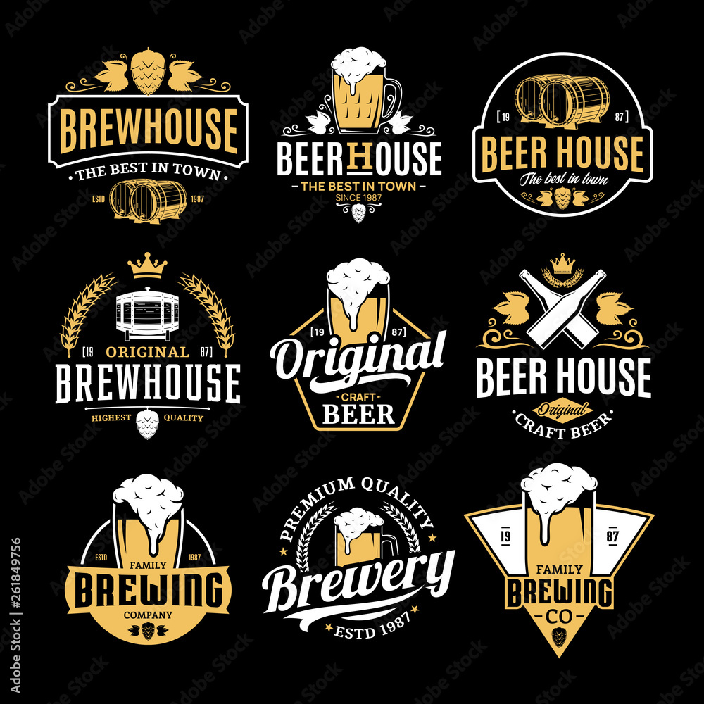 Vector white and yellow vintage beer logo - obrazy, fototapety, plakaty 