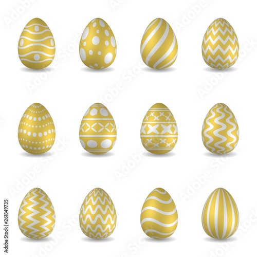 Set of realistic golden Easter eggs decorated with different patterns isolated on white background