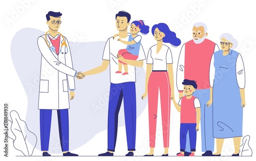 Family doctor concept with patients. Consultation and diagnosis in hospital. Happy family mother, father, children, grandfather, grandmother standing together with young practitioner man