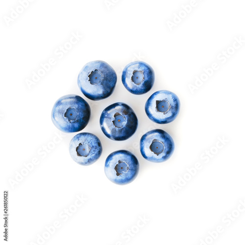 Blueberry. Pile of fresh blueberries isolated on white background, top view. Closeup.
