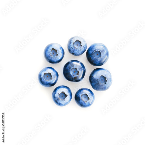 Blueberry. Pile of fresh blueberries isolated on white background, top view. Closeup.