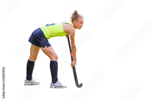 Young slim field hockey player girl with stick isolated on white background © skumer