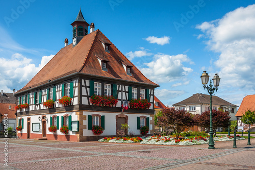 Traditional half-timbered houses in the streets of the small town of Seebach in Alsace