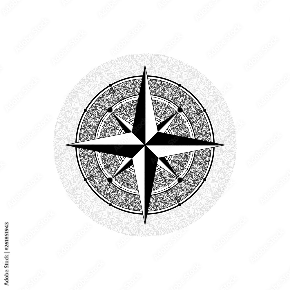 Black compass silhouette with abstract ornament isolated on white background