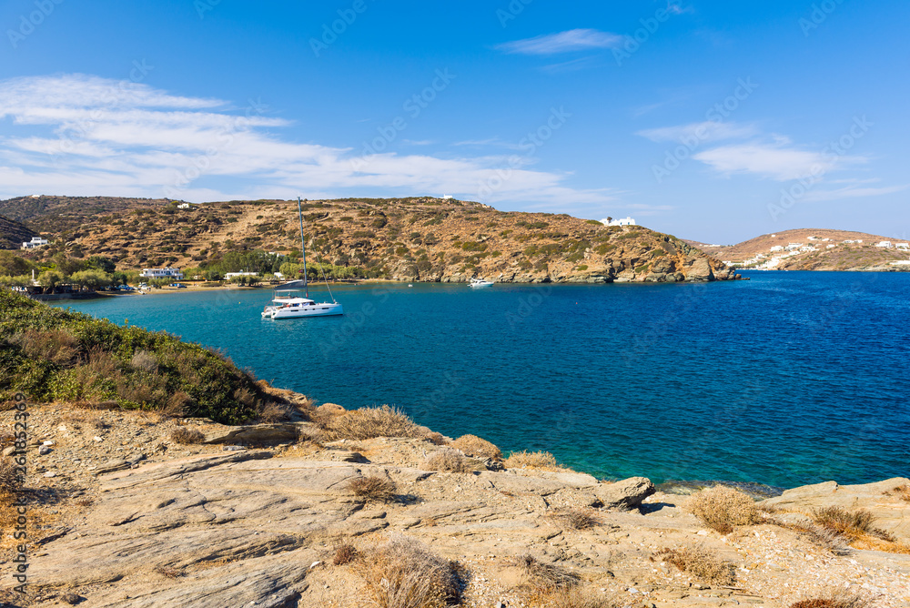 Chrysopigi bay with the main beach of Apocofto with amazing turquoise waters. Sifnos island, Cyclades, Greece