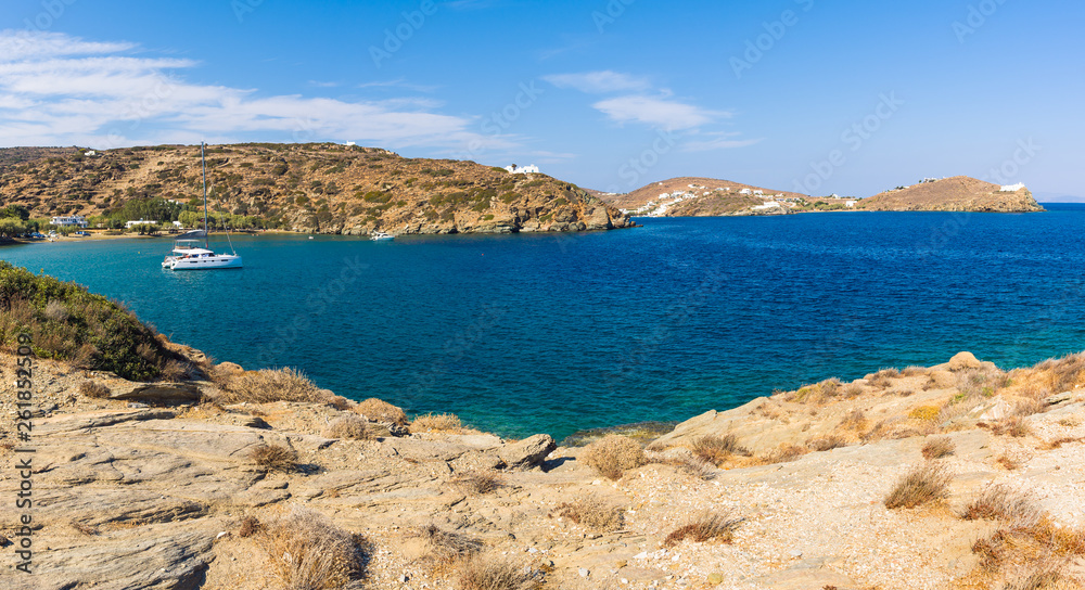 Chrysopigi bay with the main beach of Apocofto with amazing turquoise waters. Sifnos island, Cyclades, Greece