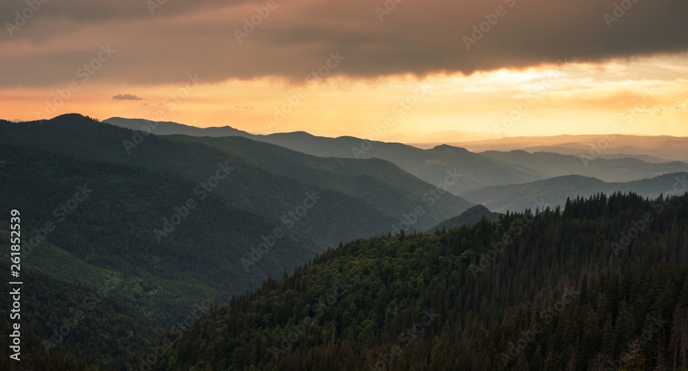 scenic mountains scene, stunning summer dawn landscape, hills covered forest on background morning valley in golden sunlight and dramatic sky, Ukraine, Europe, Carpathian mountains
