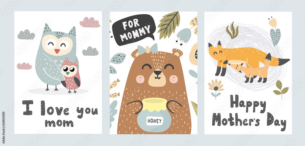 Mother’s Day greeting cards collection. Cute animals prints. Vector illustration