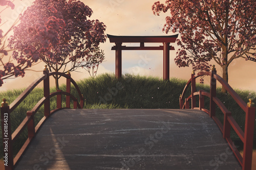 3d rendering of japanese shinto next to japanese cherry trees photo