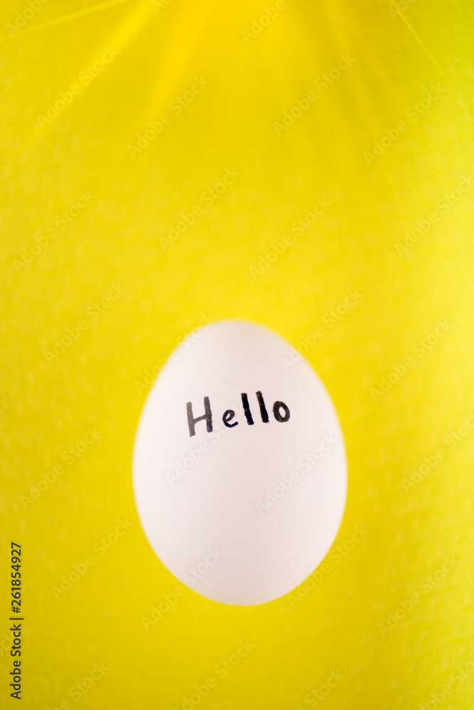 White chicken egg with black inscription hello on a yellow background. White chicken egg with black inscription hello on a yellow background.