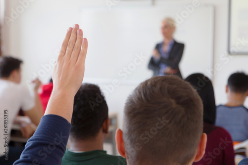 Group of university students sitting at classroom and holding hand up. Interact with female attractive professor in the classroom. University student being helped by female lecturer during class.