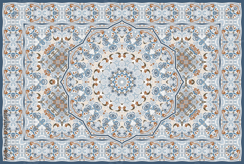 Vintage Arabic pattern. Persian colored carpet. Rich ornament for fabric design, handmade, interior decoration, textiles. Blue background.