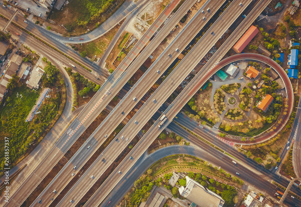 Aerial view of highway and overpass in city