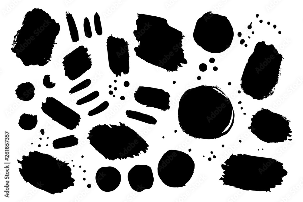 Black paint, polish, varnish brush shapes set, masks kit. Universal elements for wrapping, flyers, cards, branding and digital scrapbooking.