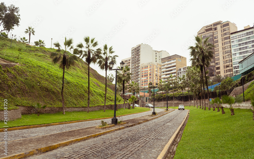 Clobbled typical colonial street at Miraflores neighborhood, with palm trees and a few cars, on a cloudy day, with residential buildings on the background and green grass