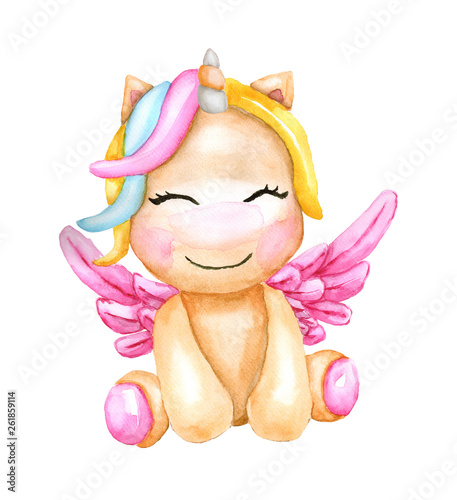 Watercolor fairytale cute unicorn with wings. Children's watercolor illustration for baby.