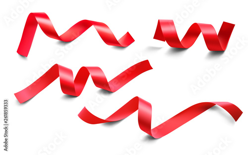 Set of realistic red ribbons on white background. Vector illustration. Ready for your design. Can be used for greeting card, holidays, gifts and etc. EPS10.